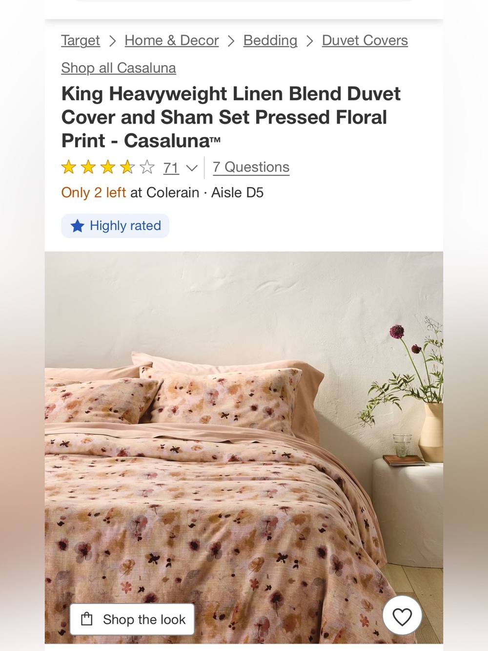NWOT-King Heavyweight Linen Blend Duvet Cover and Sham Set Pressed Floral Print